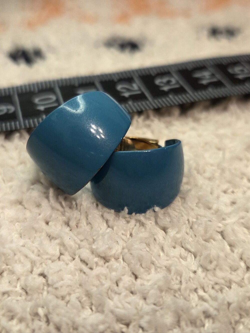 Vintage Enamel Blue Dome Half Hoop Clip On Earrings Retro Statement Jewelry